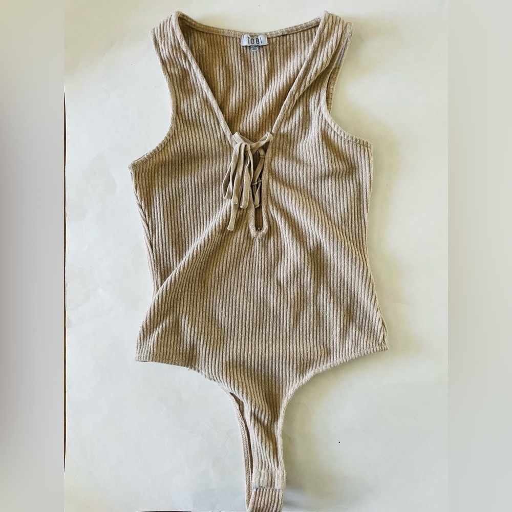 Tobi Ribbed Lace-Up Tank Bodysuit in Beige